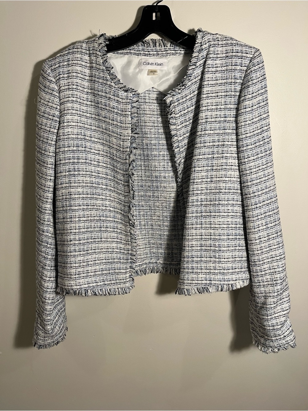 Calvin Klein Cropped Blue & White Tweed Fringe Jacket